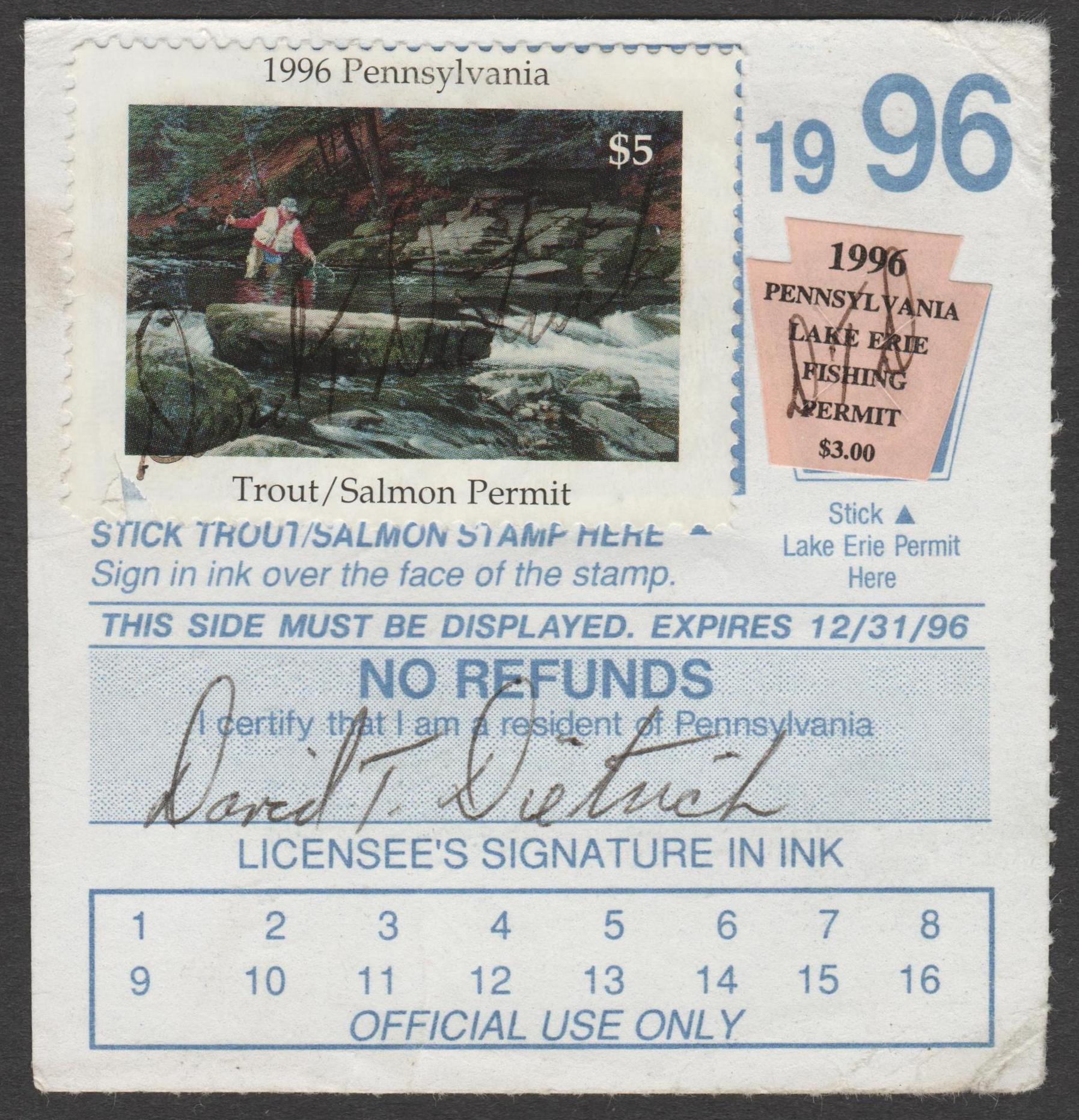 PA trout/salmon  #6 $5 U VF, on 1994 license w/ Lake Erie fishing permit #2 P