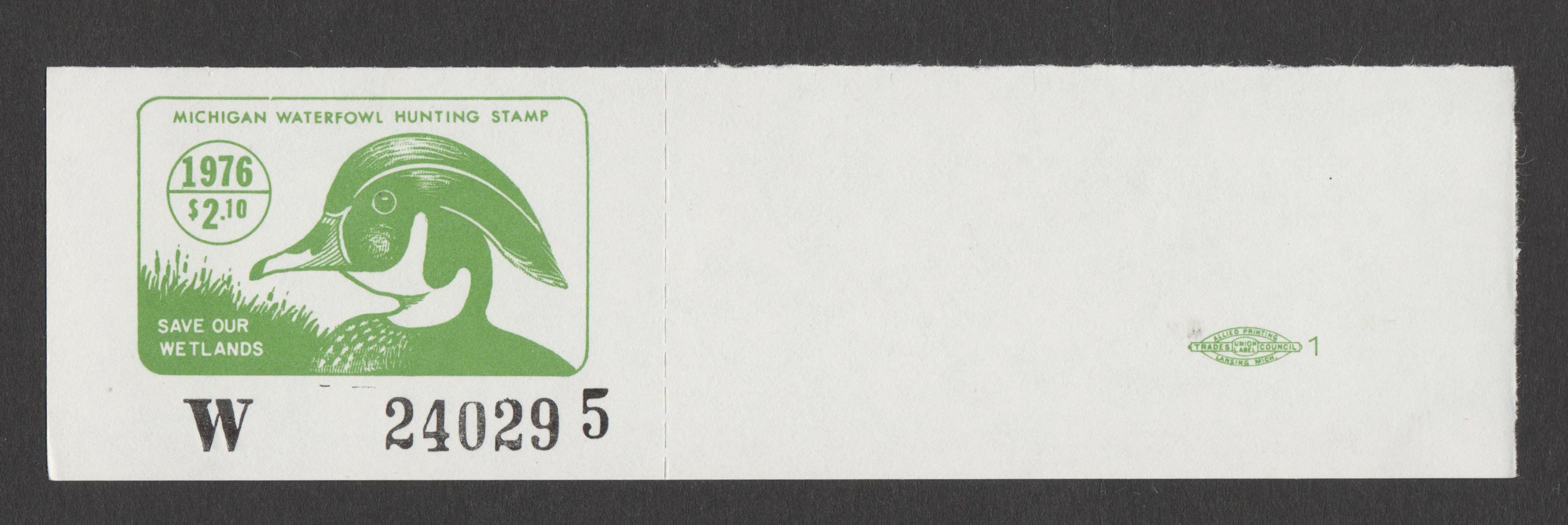 MI waterfowl W1 $2.10 MNH VF, 1976 w/selvage showing union label P
